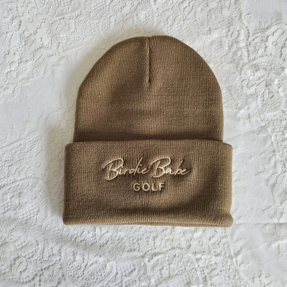 Birdie Babe Golf Knit Beanie Hat Tan Embroidered Logo Winter‎ Warm